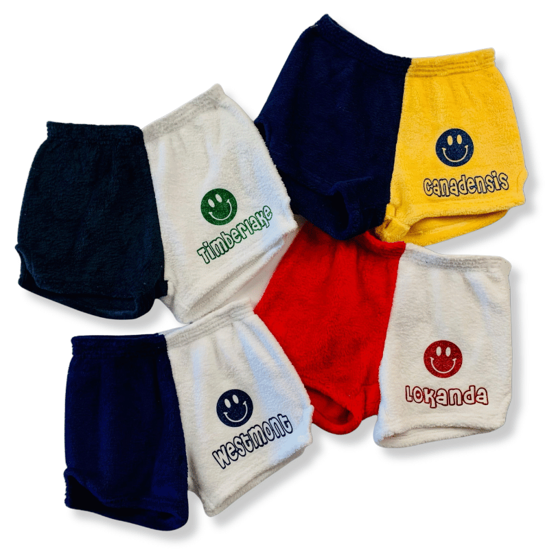 Made-with-Love-and-Kisses Pajama Shorts with Camp Name & Smiley Face