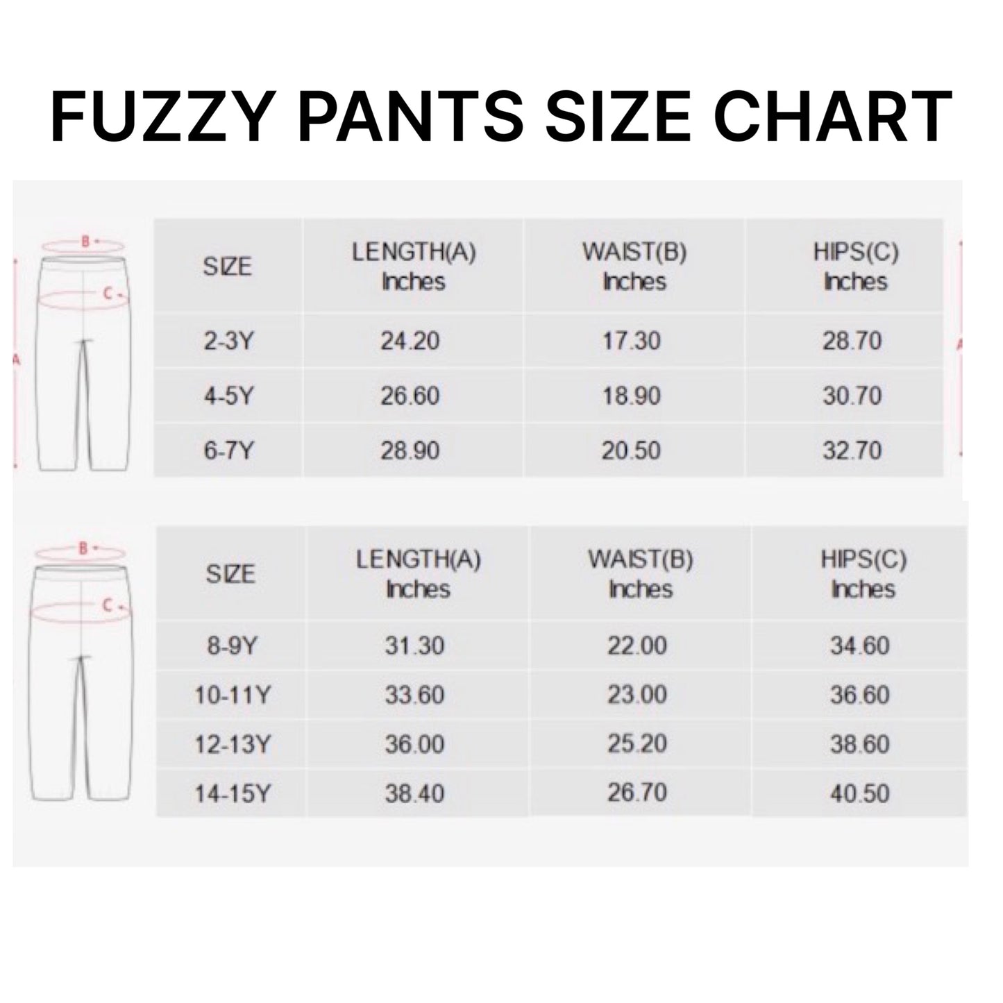 Create'D Fuzzy Pants Size chart (2026)