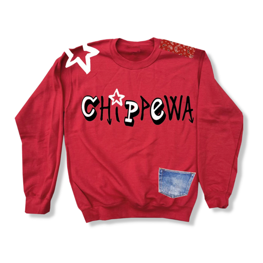 1-FEATURE Single Shoulder Star with Denim Pocket Camp Crewneck