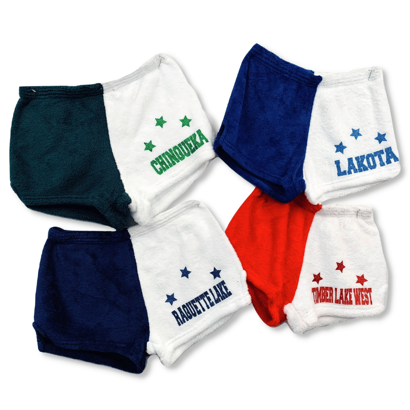 Made-with-Love-and-Kisses Customize these pajama shorts with your camp name and stars in glitter color of your choice.