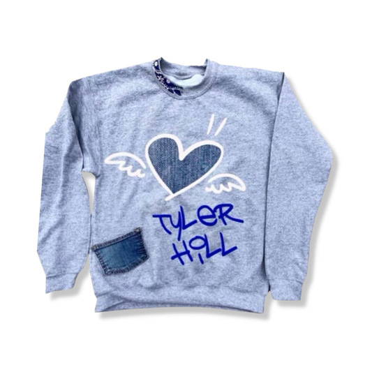 2-Vinyl Heart _ Wings with Denim Pocket Camp Gray Crewneck