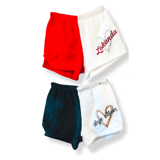 Made-with-Love-and-Kisses. Pajama Shorts with Script Camp Name and Heart