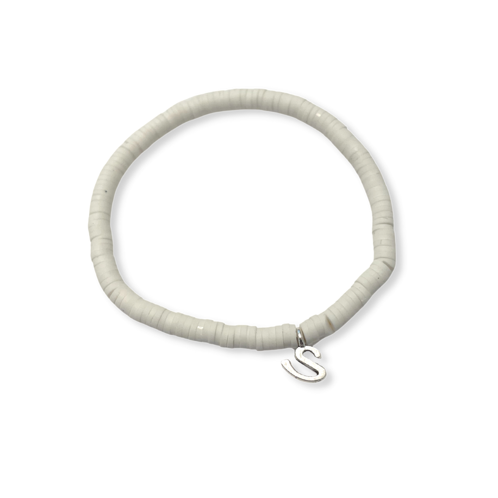 4mm White Rubber Disc "S" Charm Bracelet