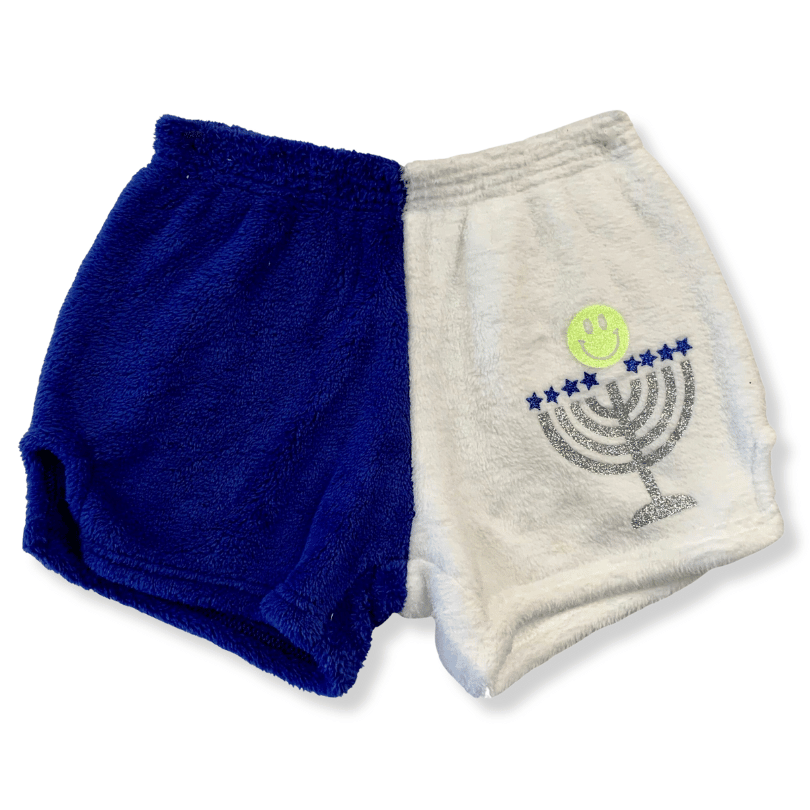 Two Toned White &amp; Royal “Menorah with Smiley” Pajama Shorts