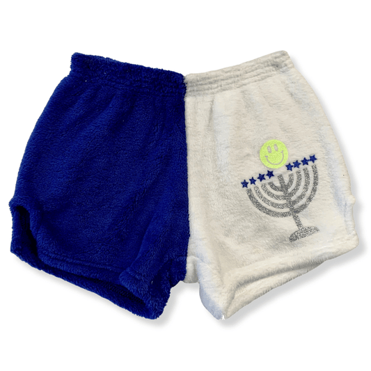 Two Toned White &amp; Royal “Menorah with Smiley” Pajama Shorts