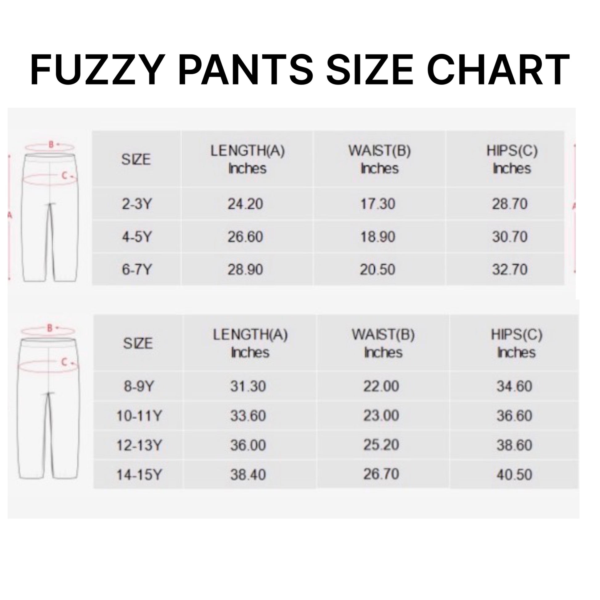 Create'd Fuzzy pants size chart
