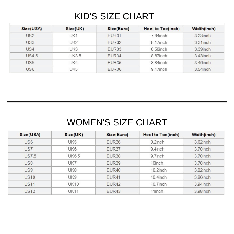 High Top Sneaker Size Charts (BFR)