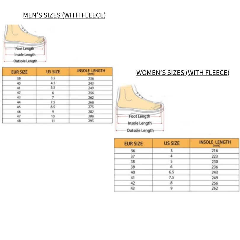 Crock Inspired (With Fleece) Shoe Size Chart Adults (Men &amp; Women)