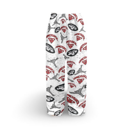 Fuzzy Sports & Camp Logos White Pajama Pants with Splatter