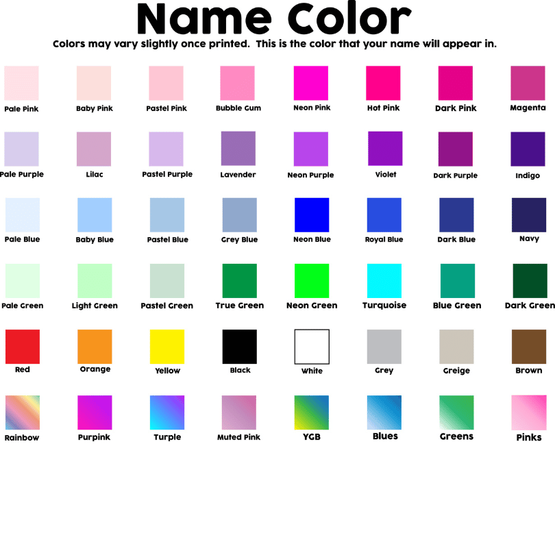 Name Color Options - Just Love Designs (as of 09/2024)