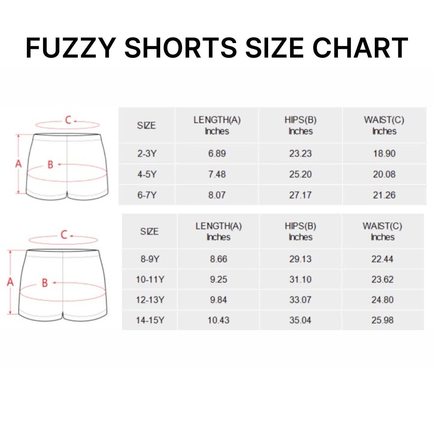 Create'D Fuzzy shorts size chart (2026)